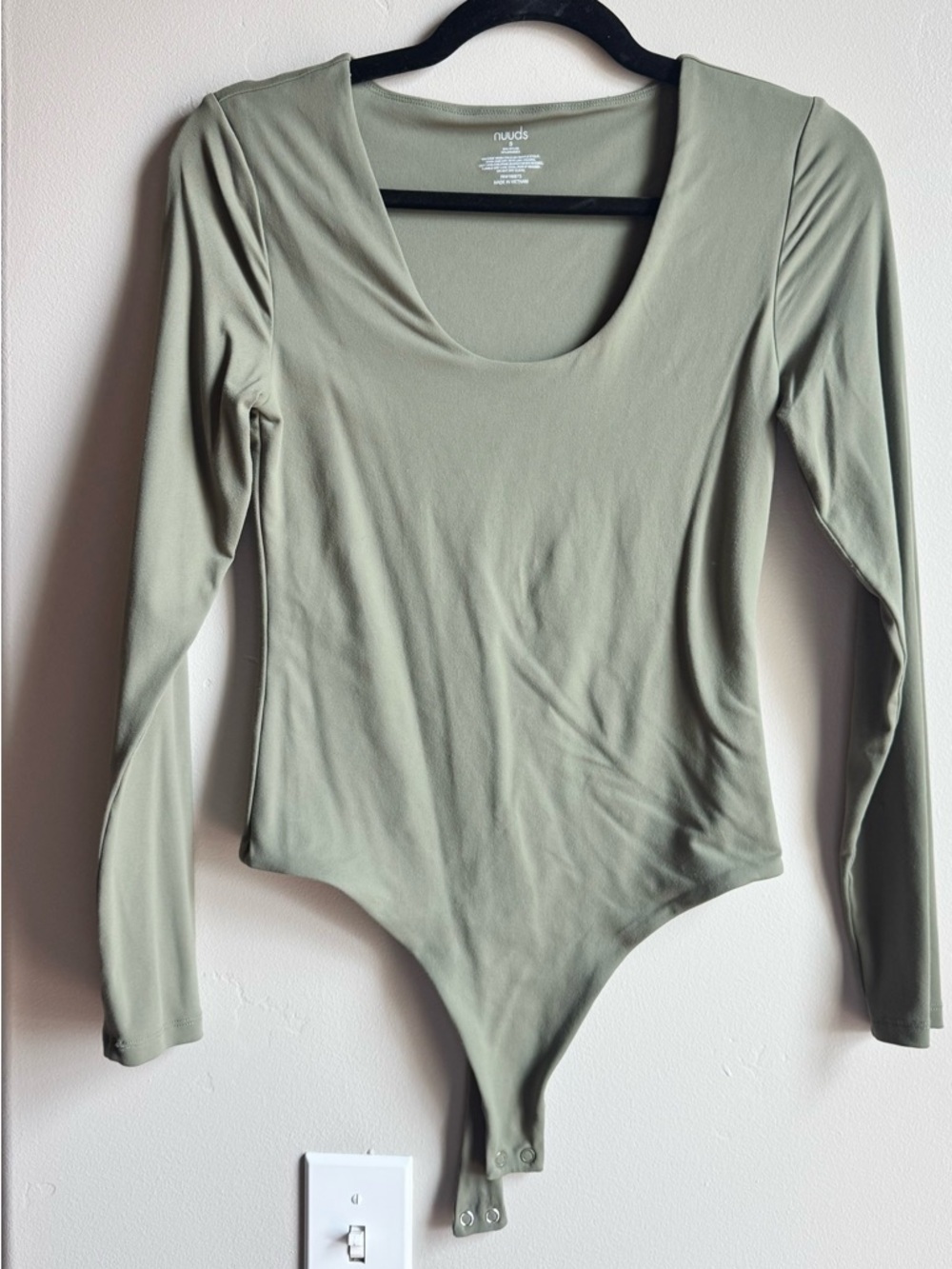 NUUDS Sage Green Long Sleeve Bodysuit Minimalist Fitted Clean Girl Top S Boho